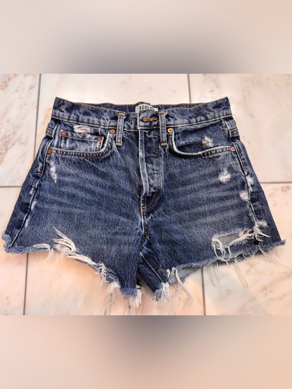 Agolde women’s  Dark Blue Slim Straight Distressed Jean shorts